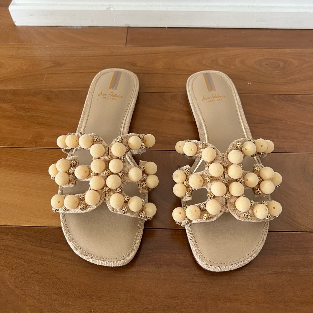 Sam Edelman Beige Pom-Pom Slide Sandals